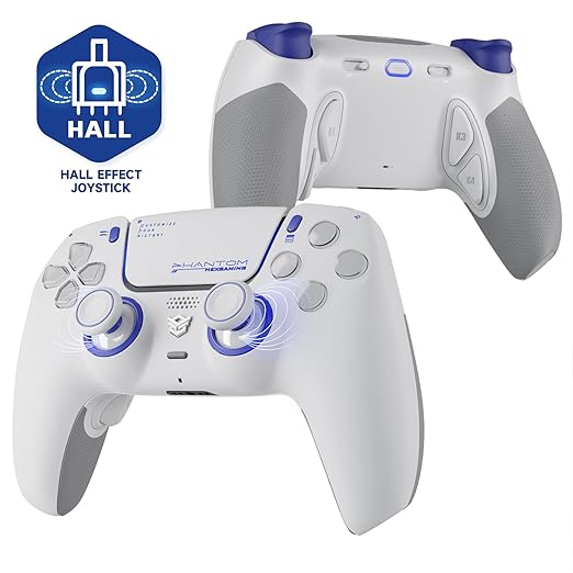 HEXGAMING PHANTOM Pro Controller with 4 Remappable Buttons, 6 Remapping Profiles, 8 Interchangeable Analog Stick, and Adjustable Triggers Compatible with ps5, PC, Mobile - Hall Effect Vision White