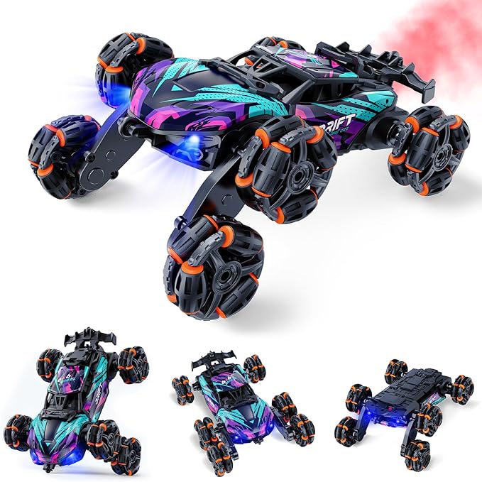 2370 Six-Wheel RC Stunt Car,6WD Remote Control Car,Cool RC Drift Car,Double-Sided Driving,360° Flips Rotating,with Spray and Light Effects,Toys for Ages 8-13 Kids,Ideal Gift for Boys and Girls