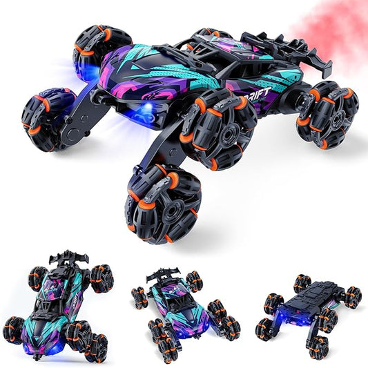 2370 Six-Wheel RC Stunt Car,6WD Remote Control Car,Cool RC Drift Car,Double-Sided Driving,360° Flips Rotating,with Spray and Light Effects,Toys for Ages 8-13 Kids,Ideal Gift for Boys and Girls