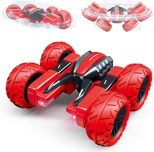 Threeking RC Rotating Stunt Cars Flowering Remote Control Cars Toys with Lights Double-Sided Driving 360-degree Flips Rotating Car Toy, Red