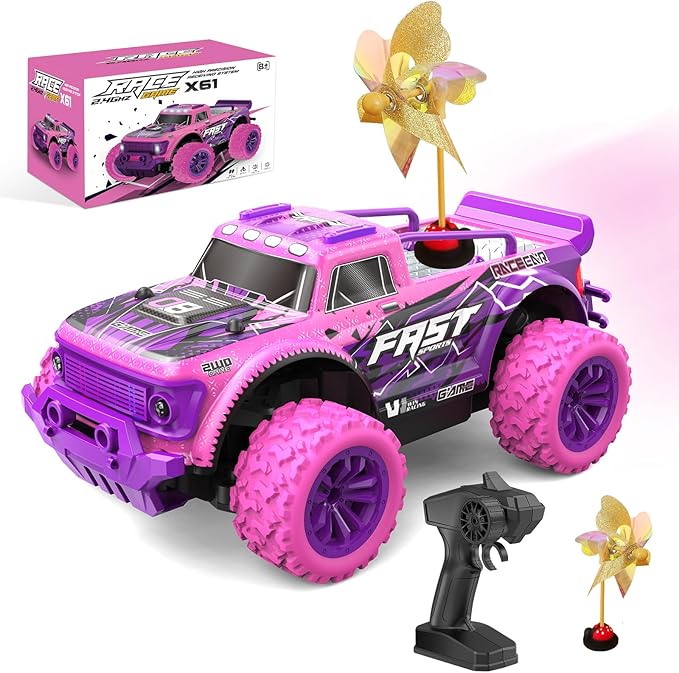 Remote Control Car for Girls: 2.4GHz Pink Purple Monster Truck Toys with DIY Windmills, 20Km/h All Terrain Fast Hobby RC Cars with Light and 2 Rechargeable Batteries for kids Christmas Birthday Gift