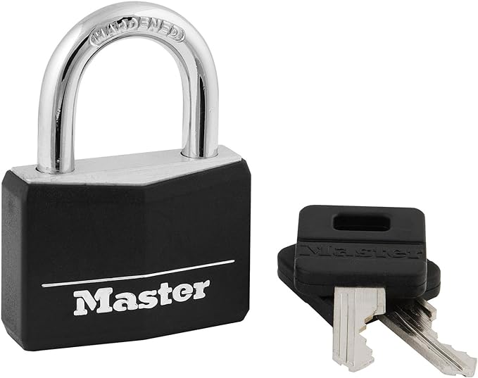 Master Lock Black Covered Aluminum Padlock, Gym Locker Lock with Key for Indoor or Outdoor Use with Vinyl Weather Resistant Cover, 141D