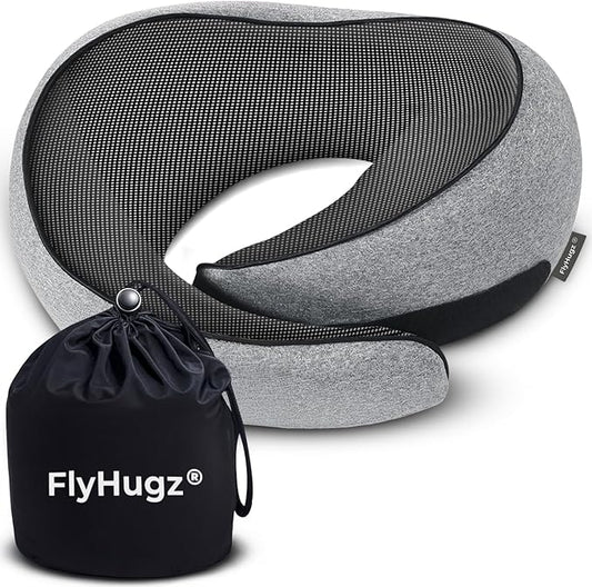 FlyHugz® Neck Travel Pillow | Memory Foam Neck Pillow for Comfort on Airplane | Compact and Ergonomic Design for Travel, Car Rides, and Home Use | Ideal for Adults and Kids